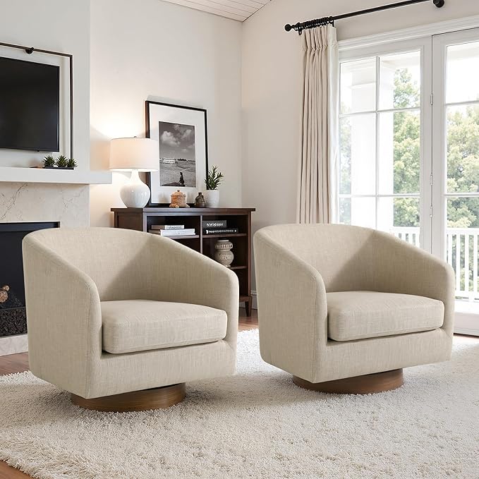 UIXE Swivel Accent Chairs Set of 2, Fabric Upholstered Barrel Chair for Living Room, Comfy Round Armchair Single Sofa Bedroom Reading Seat - 31" W, Light Brown