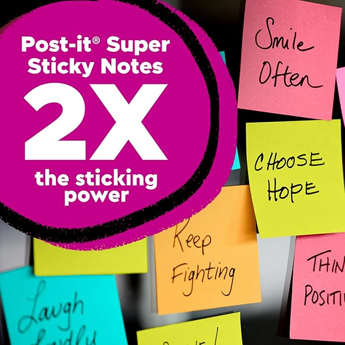 Post-it Super Sticky Notes, Assorted Bright Colors, 3x3 in, 15 Pads/Pack, 45 Sheets/Pad, 2X The Sticking Power, Recyclable, Multi-Color