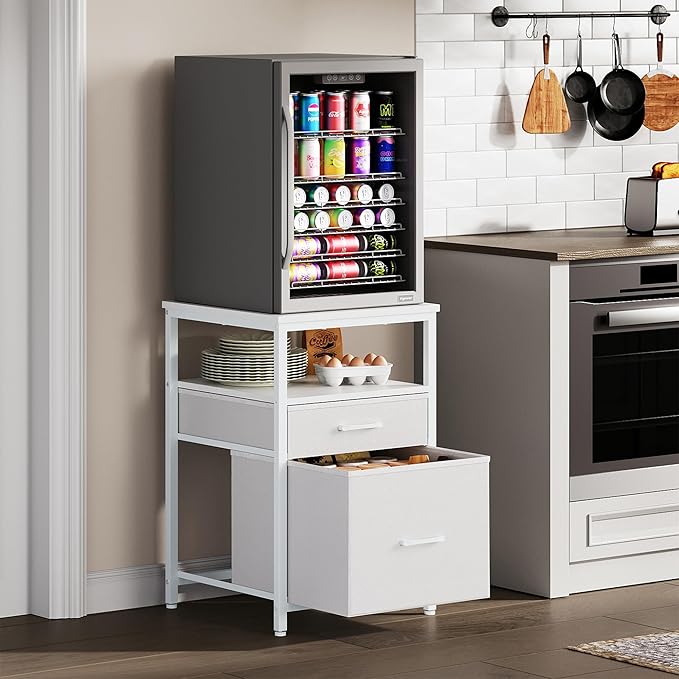 Mini Fridge Stand with 3 Storage, Mini Fridge Cabinet, Beverage Fridge Table, Heavy Duty 18.11" L* 18.11" W Tabletop, for Dorm, Apartment,Office, Bedroom Black HB03BXW