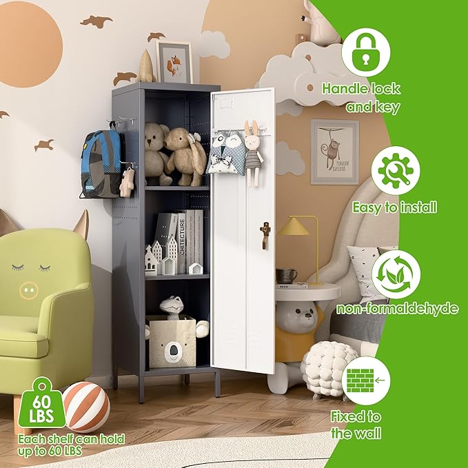 Aobabo Metal 54" H Metal Storage Locker for Employees, Lockable 1 Door with Towel Rack and 2 Side Pegboards with Hooks for Home School Office Gym, Assembly Required (Gray White)