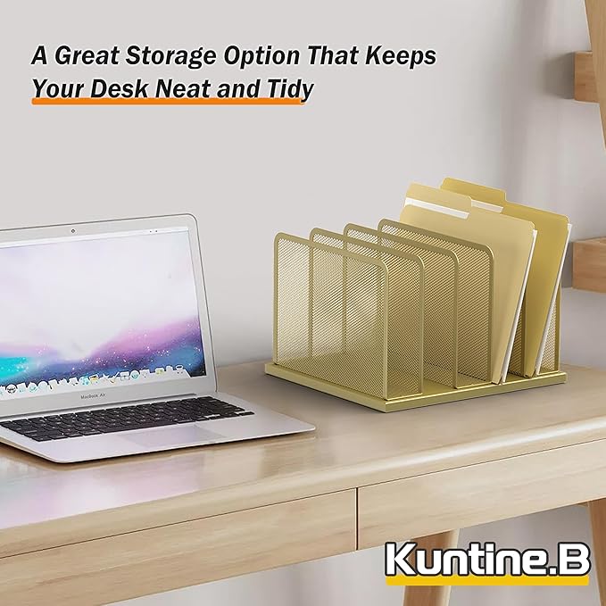 Kuntine.B Desk File Organizer Upright Mesh Desktop Organizer File Sorter Office Organization File Holder for Home, Office & Classroom (Gold, 1 Pack 5-Section)