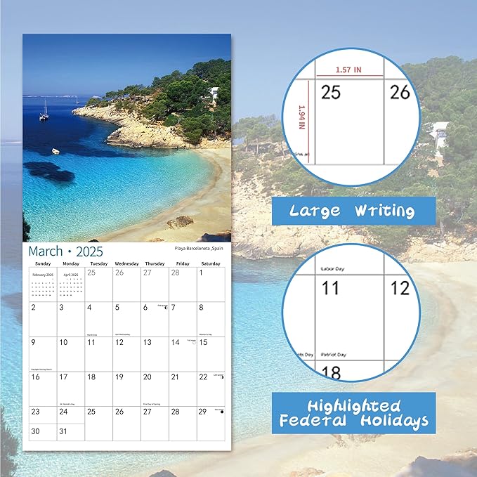 2025 Wall Calendar,Calendar 2026, July 2025 - June 2026, Wall Calendar BEACHES, 12" x 24" Opened,Full Page Months Thick & Sturdy Paper for Calendar Organizing & Planning