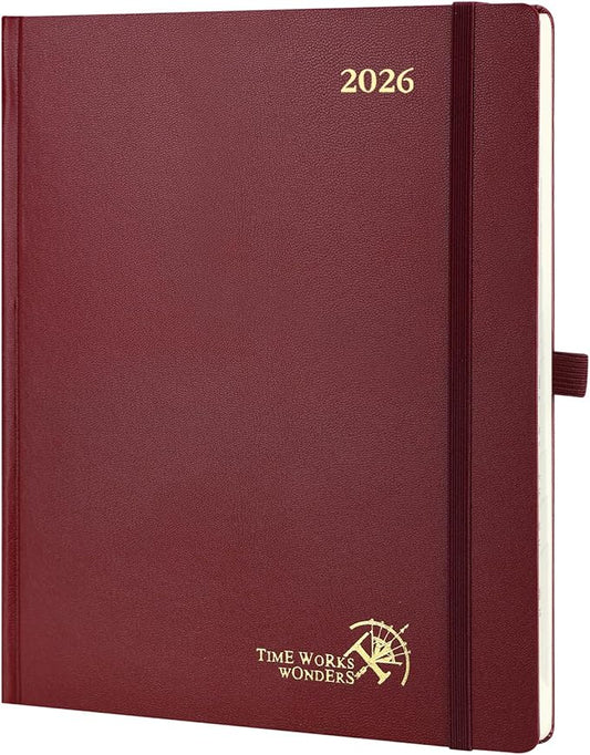 POPRUN 2026 Planner (Large Size 8.5''x 10.5'' Hardcover) - Daily Weekly and Monthly Calendar Agenda 2026 Appointment Book with Hourly Time Slots, Monthly Tabs, 100 GSM - Burgundy