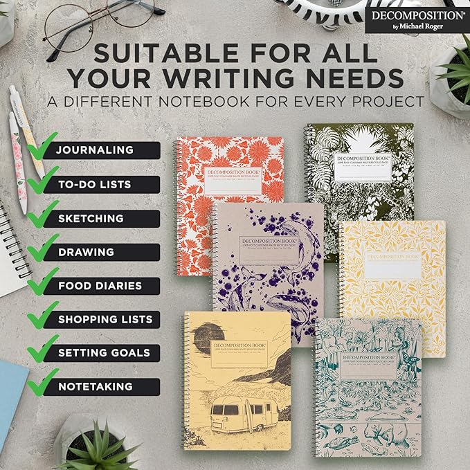 Decomposition 3-Pack Feathered Friends College Ruled Spiral Notebook - 9.75 x 7.5 Journal, 160 Lined Pages - 100% Recycled Paper - Notebooks for School Supplies, Home & Office - Made in USA