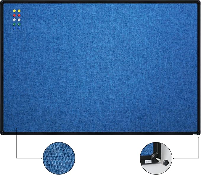 JILoffice Cork Linen Bulletin Board 36 X 24 Inch (Blue), Black Aluminum Frame Wall Mounted Board Memo Pin Board for Office Home and School