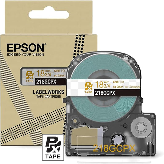 Epson LABELWORKS 218GCPX Genuine PET (Polyester) Tape Cartridge - Gold on Clear Designer Craft Label Maker Tape - 3/4" (18MM) Wide, 30'