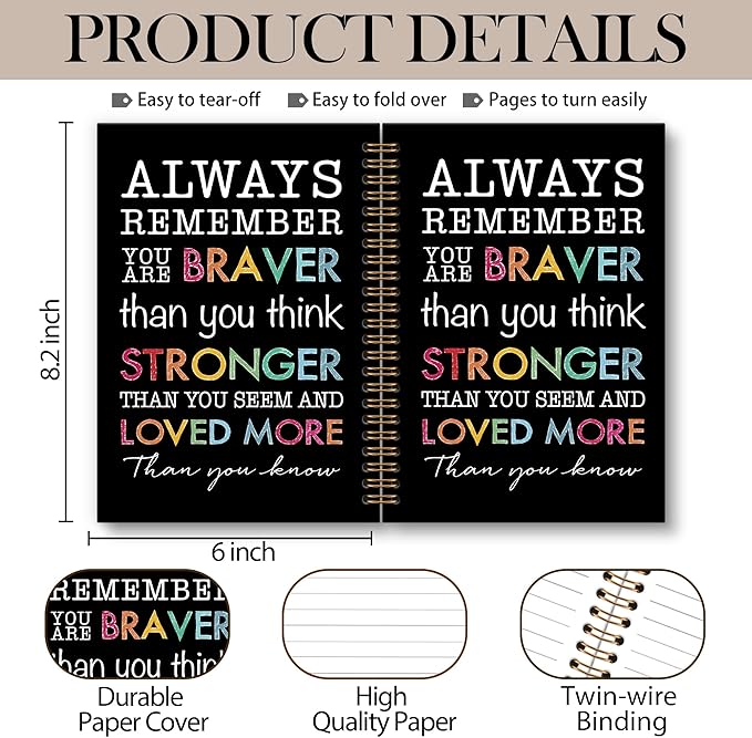 Inspirational Motivational Notebook Journal, Inspirational Gifts Spiral Notebook, You are Brave Motivational Notebooks Gifts for Women, Positive Gifts School Office Supplies, 6x8.2In（Black）