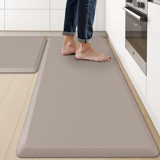 KitchenClouds 2PCS Kitchen Rugs Cushioned Anti-Fatigue Non-Slip Waterproof Kitchen Mat Comfort Foam Standing Mat for Floor Office Sink Laundry (Khaki)