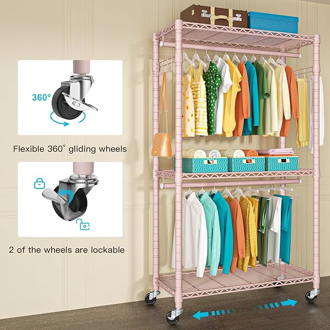 P1 Heavy Duty Garment Rack, 3 Tiers Adjustable Rolling Metal Closet Organizer with Lockable Wheels, FreeStanding Wardrobe with Double Hanger Rods & 1 Pair Hooks, Max Load 450 LBS, Pink