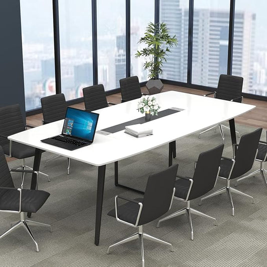 Loomie 8FT Conference Table, 94.49" L x 47.24" W x 29.53" H Meeting Seminar Table with Grommet, Large Boat Shaped Computer Desk, Boardroom Desk for Office Meeting Conference Room,White