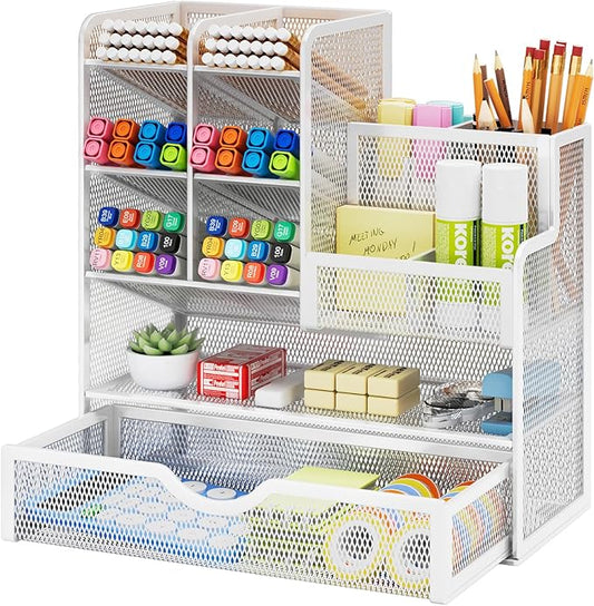 Marbrasse Mesh Pen Holder for Desk, Multi-Functional Pencil Organizer with Drawer, Desk Organizers and Accessories for Office Art Supplies (White)
