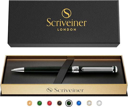 Scriveiner Black Green Ballpoint Pen - Black Green Luxury Pen, Chrome Finish, Schmidt Black Refill, Best Ball Pen Gift Set for Men & Women, Professional Executive Office, Nice Designer Pen