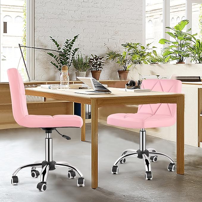 COSVALVE Armless Desk Chair, Mid Back Swivel Office Chair, Adjustable Task Chair with Rolling Wheels and Diamond Pattern, for Home Computer Barber, Pink