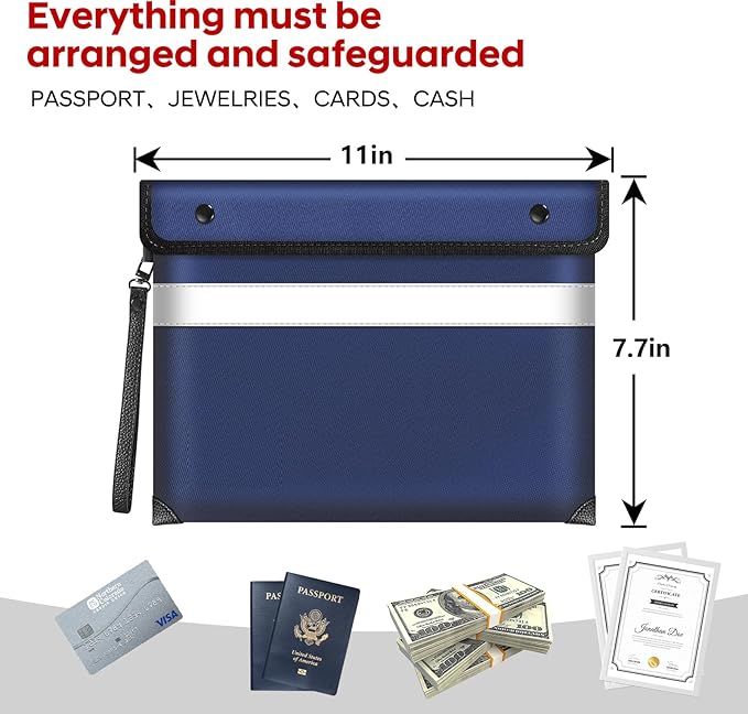 Fireproof Money Bag for Cash 11"x7.7",Upgraded 5200℉ Insulated Water Fire Proof Pouch with Water-resistant Zipper,Fireproof Envelopes for Important Documents,Valuables (Blue)