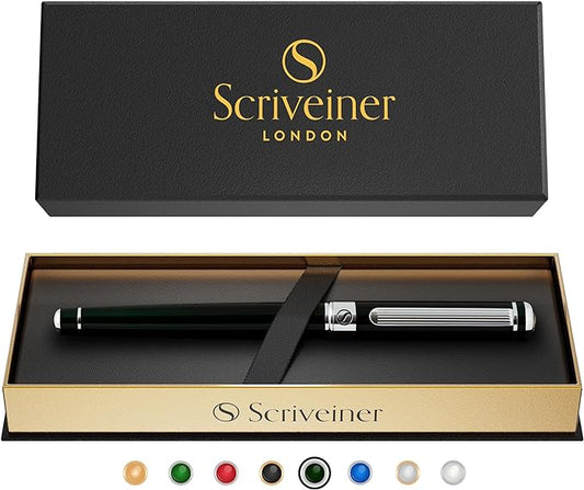Scriveiner Black Green Rollerball Pen - Stunning Luxury Pen, Chrome Finish, Schmidt Ink Refill, Best Roller Ball Pen Gift Set for Men & Women, Professional, Executive Office