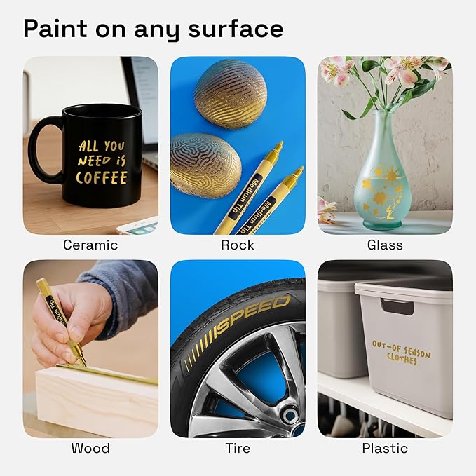 ARTISTRO 2 Gold Permanent Marker - Waterproof Markers for Tire, Fabric, Rocks, Glass, Ceramic, Wood, Paper - Oil Based Paint Pens - Medium Tip 3mm