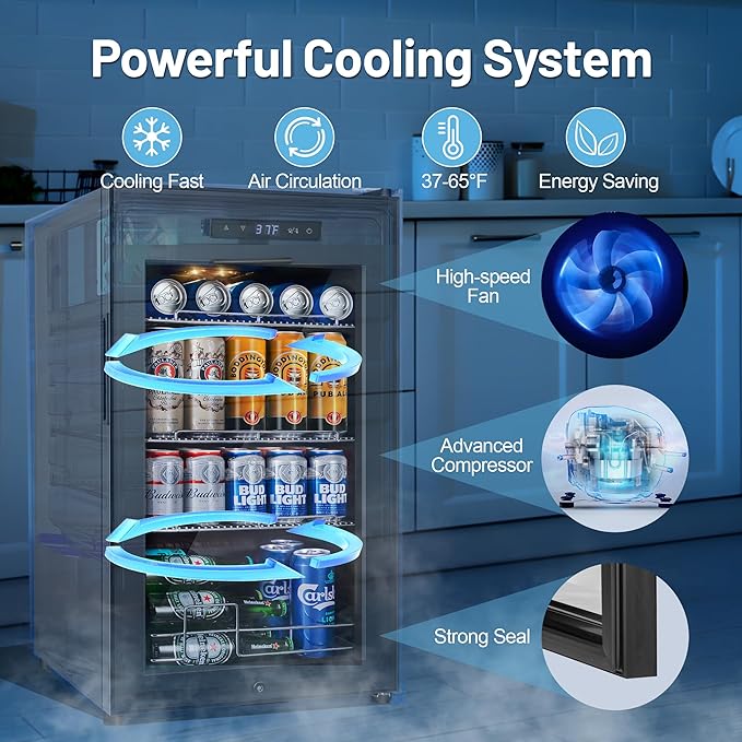 Beverage Refrigerator Cooler, 17 Inch 120 Cans Freestanding Mini Fridge with Glass Door, Adjustable Shelves and LED Light, Small Drink Fridge Counter-top Beer Fridge for Bedroom Office Bar