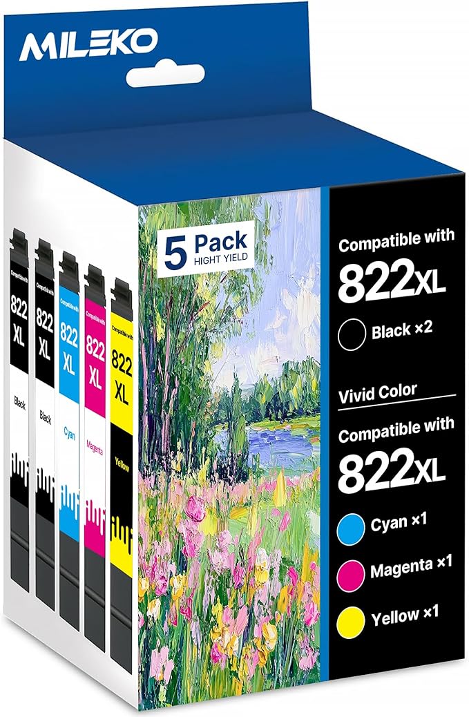 822XL Ink Cartridges Remanufactured Replacement for Epson 822XL Ink Cartridges for Epson 822 822 XL T822 for Epson WF-3820 Printer Workforce Pro WF-4820 WF-4830 WF-4833 WF-3823 Printer（5 Pack, 822XL）