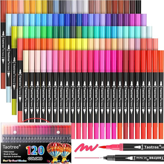 Taotree 120 Colors Dual Tip Art Markers Pens for Kids Adult Coloring Book, Artist Fine & Brush Tip Coloring Markers Drawing Pen for Journaling Note Taking Lettering Calligraphy Craft Art Supplies Set