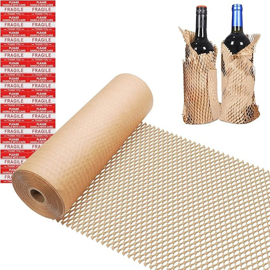 Honeycomb Packing Paper Wrap 12"x200' Sustainable Alternative to Bubble Wrap for Moving Shipping/Gift, Biodegradable & Fully Recyclable Bubble Paper Wrapping with 20 Fragile Sticker…