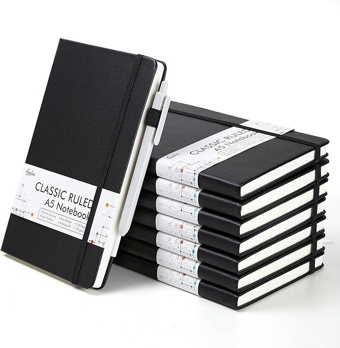 feela 8 Pack Journal Notebook Bulk for School, Hardcover Business Notebooks Classic Ruled Lined Journals with Pen Holder for Work Note Taking, with 8 Black Pens, 120 GSM, 5.1”x8.3”, A5, Black