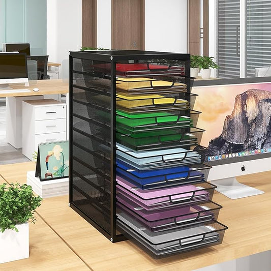 Natwind Mesh file organizer 10 drawers, Office Supplies Desktop Organizers and Accessories Stationery Storage, Paper Letter Tray, File Binder Organizer for Home Office School,Black