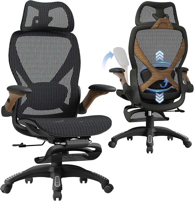 ELABEST X100 Ergonomic Office Chair with Footrest, Big and Tall Home Desk Chair with 5D Flip-Up Arms, Adjustable 5D Lumbar Support,High Back Rolling Computer Chair, Swivel Mesh Chairs (Library Oak)