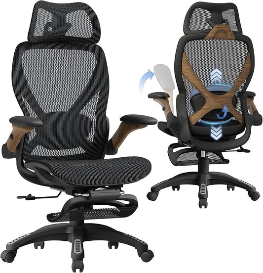 ELABEST X100 Ergonomic Office Chair with Footrest, Big and Tall Home Desk Chair with 5D Flip-Up Arms, Adjustable 5D Lumbar Support,High Back Rolling Computer Chair, Swivel Mesh Chairs (Library Oak)