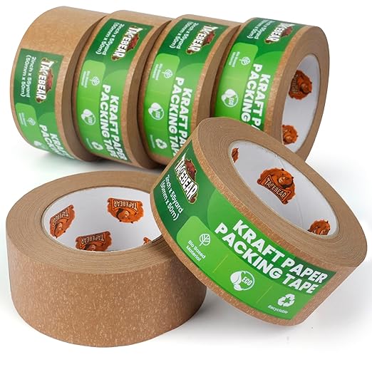 Eco-Friendly Kraft Paper Tape, Biodegradable Heavy Duty Packing Tape 2Inch x 55Yard, Recyclable Packaging Tape Self Adhesive Box Tape for Shipping, Sealing, Moving & Masking, 6Rolls