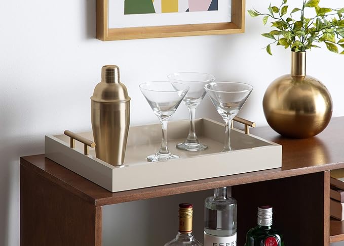 Kate and Laurel Lipton Mid Century Modern Decorative Wood Tray with Brushed Gold Metal Handles, Sand Brown