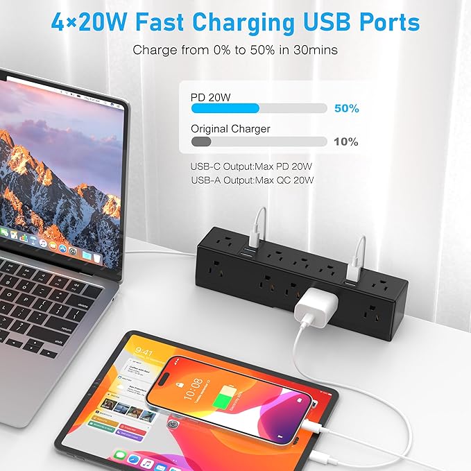 40W Fast Charging Station, VILONG Desk Clamp Power Strip, Desktop Mount Surge Protector, 8 USB Ports(4 USB-C), 10 AC Outlets and 6Ft Cord, for Home, Office, Fit 1.6" Tabletop Edge