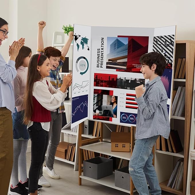 8 Pcs Trifold Display Board 36"x 48" Large White Presentation Board with Board Headers 8 Science Subtitles 64 Black Edge Self Adhesive Paper Poster Board for School Projects and Business Presentations