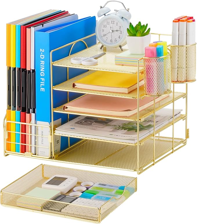 Marbrasse Rose Gold Desk Organizer with File Holder, 5-Tier Paper Letter Tray Organizer with Drawer and 2 Pen Holder, Mesh Desktop Organizer and Storage with Magazine Holder for Office Supplies