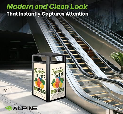Alpine Outdoor Commercial Trash Can with Lid - 40 Gallon Heavy Duty Metal Garbage Can with Advertising Panels, Removable Bin, Locking Lid for a Modern Look in Pool, Park, Mall (Grey Stones)