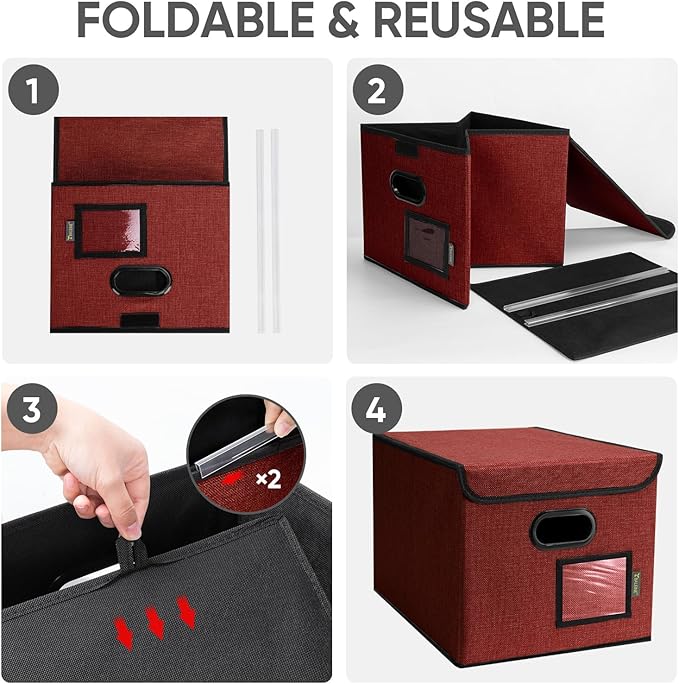 BALEINE File Organizer Box with Lid, Collapsible File Folder Organizer with Plastic Slide, Hanging File Folder Box for Office Document Storage (1 Pack, Red)