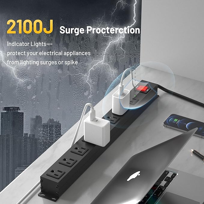 KF 8 Outlet Heavy Duty Power Strip Surge Protector, 2100J Surge Protection Power Strip, 15A/1875W Mountable Power Strips with Upgraded Switch, 14AWG 10FT Power Cord