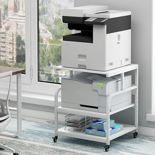 Printer Stand, 25.6" x 23.6" x 30.9" Extra Large Printer Table with Adjustable Storage Shelf, 3 Tier Rolling Printer Cart with Industrial Wheels for Home Office, White