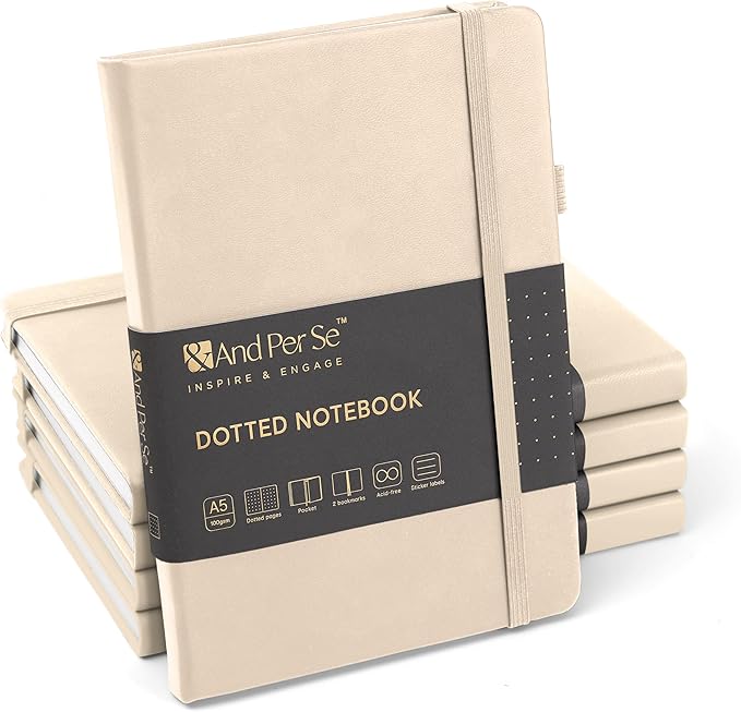 &And Per Se Dotted Journal Notebook (5 Packs), A5 Hardcover Leather Dotted Journal, 160 Pages 100 gsm Thick Paper, 3 Sheets of Stickers Included- 5.7'' x 8'' (Light Apricot
