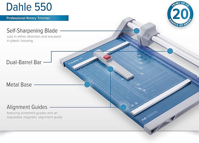 Dahle 550 Professional Rotary Trimmer, 14" Cut Length, 20 Sheet Capacity, Self-Sharpening, Dual Guide Bar, Automatic Clamp, German Engineered Paper Cutter