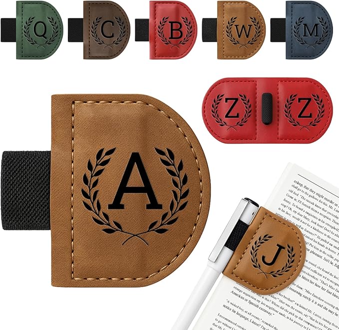 Personalized Bygone Mark Bookmark with Pen Holder,Engraving Leather Magnetic Bookmarks Vintage 26 Letters Name Initials Text Book Marker Clips Gifts for Reading Book Lovers Women (Brown, A)