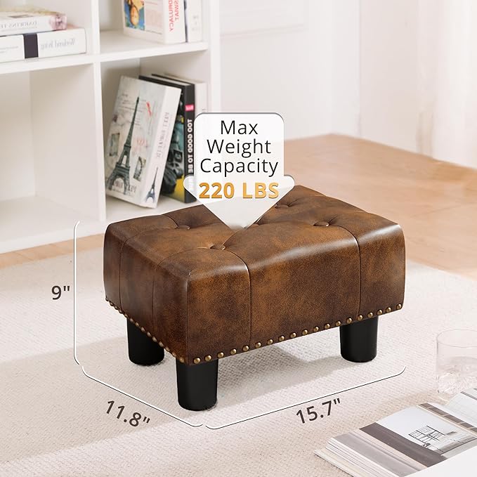 LUE BONA Small Tufted Foot Stool, Yellowish Brown Rivet Faux Leather Footrest with Plastic Legs, 9''H, Rectangle Foot Stools for Adult with Non-Slip Pads, Sofa Footstool for Living Room, Couch