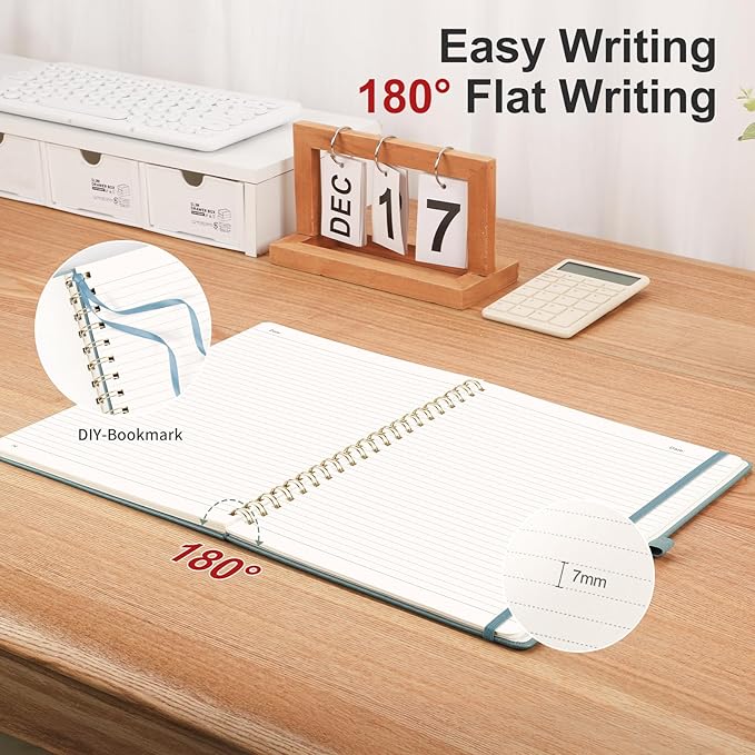 AHGXG Lined Spiral journaling notebooks With Numbered Pages, Hardcover Leather College Ruled Notebook 5.7" x 8.3" A5, light ivory Paper, Notebooks for School Work, Journals for Women,GrayBlue