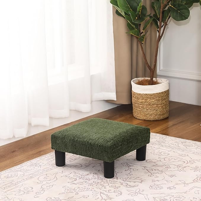 Joveco Small Foot Rest Stool Ottoman, 3D Velvet Square Upholstered Footstool for Chair, Under Desk, Office, Living Room, Deep Green