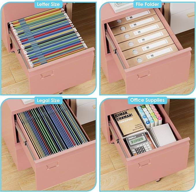 2 Drawer Mobile File Cabinet with Lock,Under Desk Metal Filing Cabinets for Home Office Fits Letters/Legal/A4 Size Folder, Assembly Required, Pink