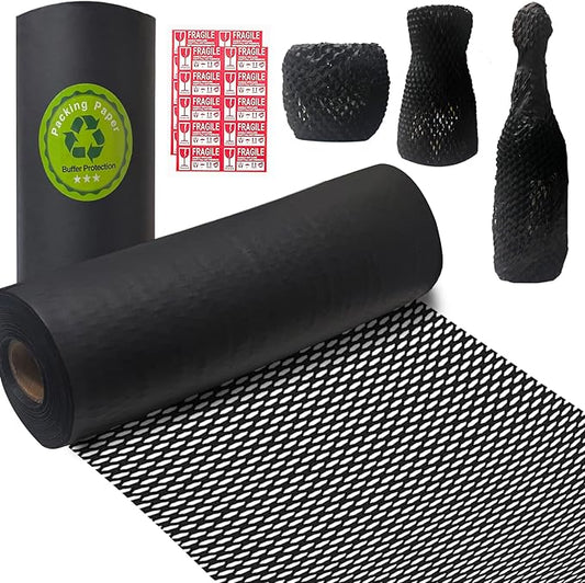 Honeycomb Packing Paper, HONSREO 15 Inches x 230 Feet Eco Friendly Recyclable Cushioning Material, Bubble Wrap for Moving Shipping Breakable Supplies with 20 Fragile Sticker Lables (Black)
