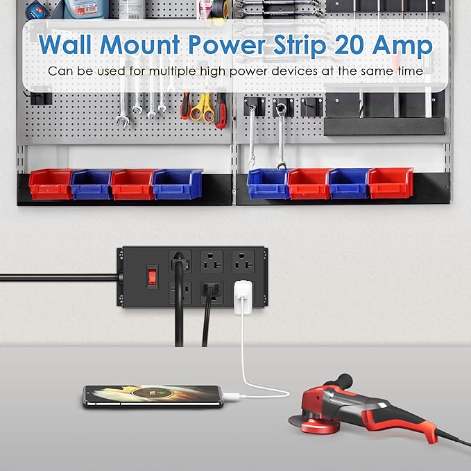 JUNNUJ Heavy Duty 20 Amp Power Strip, Garage 6 Outlets Metal 12 Gauge Surge Protector 3000J, High Amp 5-15P Adapter Shop 6-20R T-Slot Industrial (6AC, 10FT)