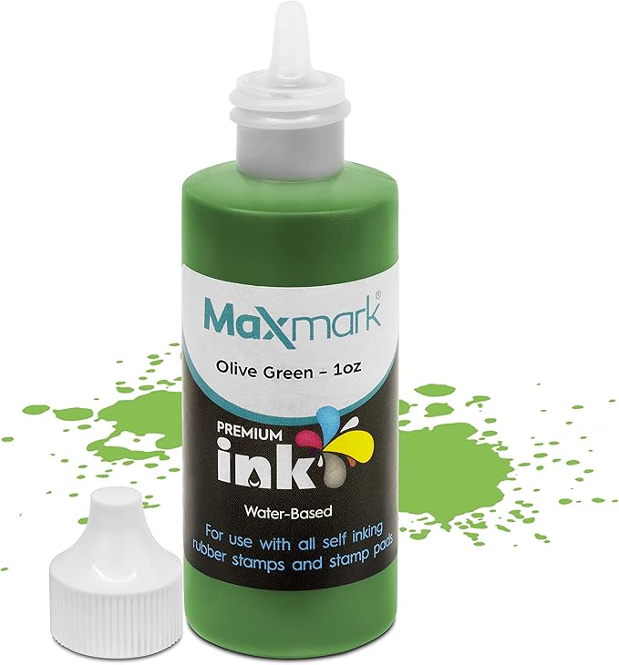 MaxMark Premium Refill Ink for self Inking Stamps and Stamp Pads, Olive Green Color - 2 oz.