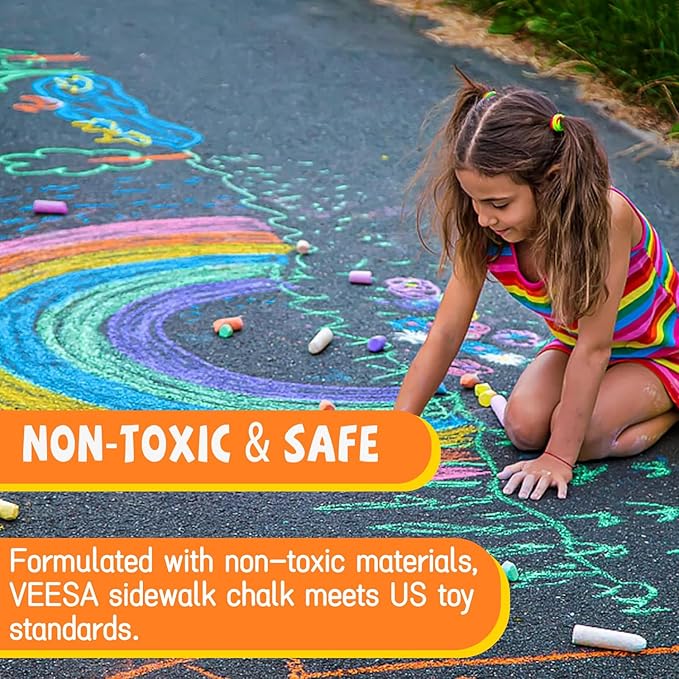 VEESA Sidewalk Chalk for Kids (52 PCS), Washable & Non-Toxic, 10 Colors Jumbo Chalk Bulk for Chalkboard, Blackboard, Driveway, Playgroud, Outdoor Actitvities