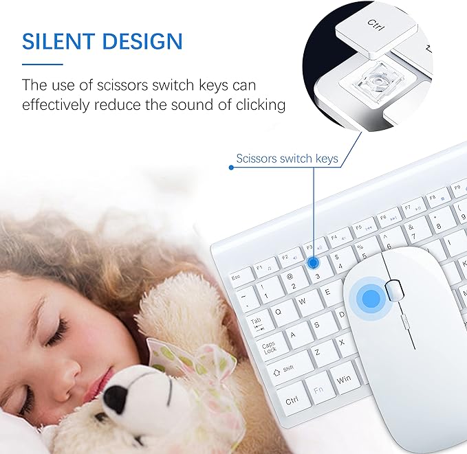 Wireless Keyboard and Mouse Ultra Slim Combo, TopMate 2.4G Silent Compact USB 2400DPI Mouse and Scissor Switch Keyboard Set with Cover, 2 AA and 2 AAA Batteries, for PC/Laptop/Windows/Mac - White