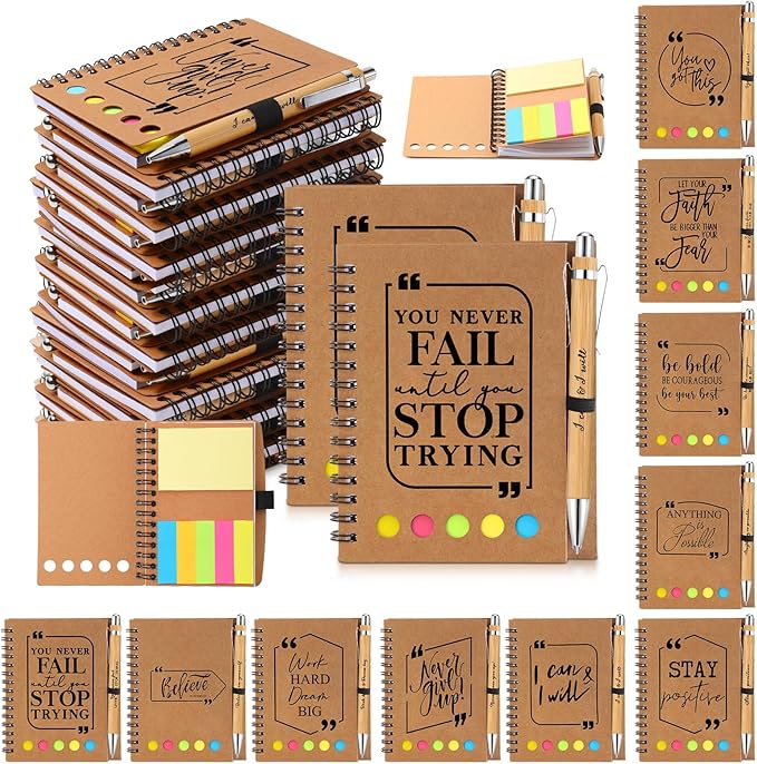 Tenceur Back to School Inspirational Gifts Bulk Employee Appreciation Spiral Notebook with Journals Sticky Note Pen Motivational Thank You Gifts for Teacher Students Team Coworkers Staff(50 Sets)